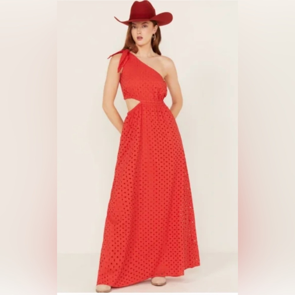 Show Me Your MuMu One Shoulder Strapless Red Eyelet Dress Size Medium Boho